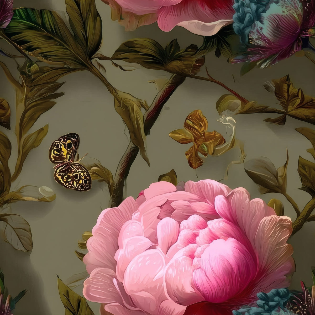 Butterfly Peony large scale wallpaper pattern repeat