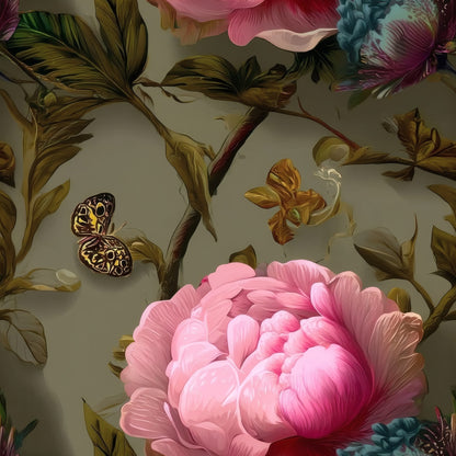 Butterfly Peony large scale wallpaper pattern repeat