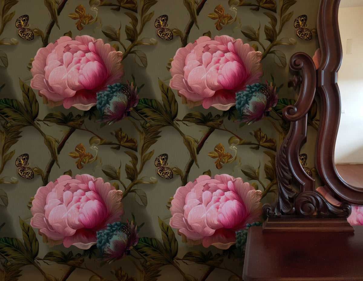 Butterfly Peony large scale wallpaper in a styled room