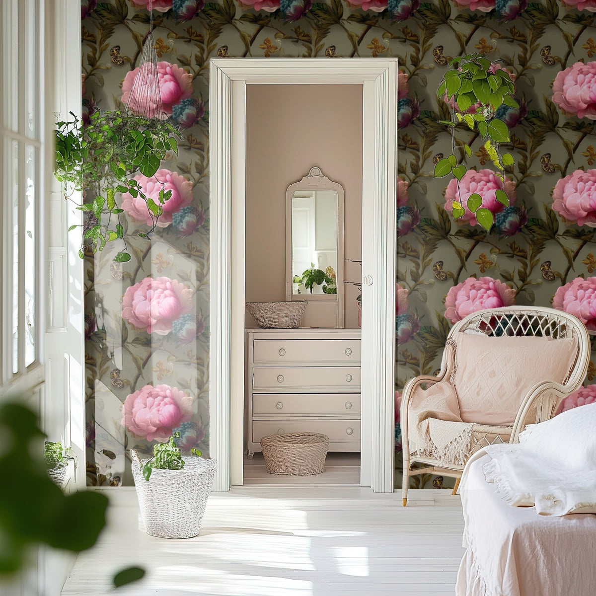 Butterfly Peony large scale wallpaper in a styled room