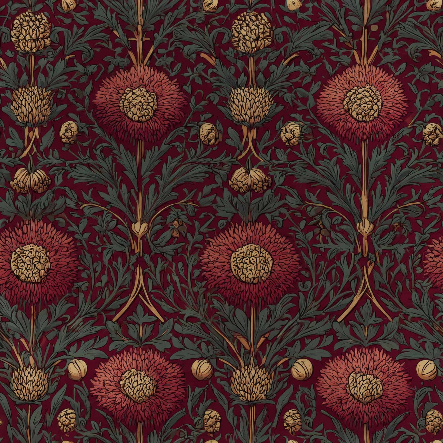 Intricate floral pattern on deep crimson background with gold and green accents.