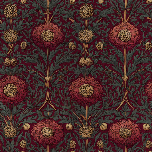 Intricate floral pattern on deep crimson background with gold and green accents.