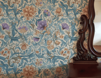 Floral Dreamscape Wallpaper with pastel blue and beige flowers appears beside a wooden mirror frame, which reflects part of the floral design and a light-colored wall.