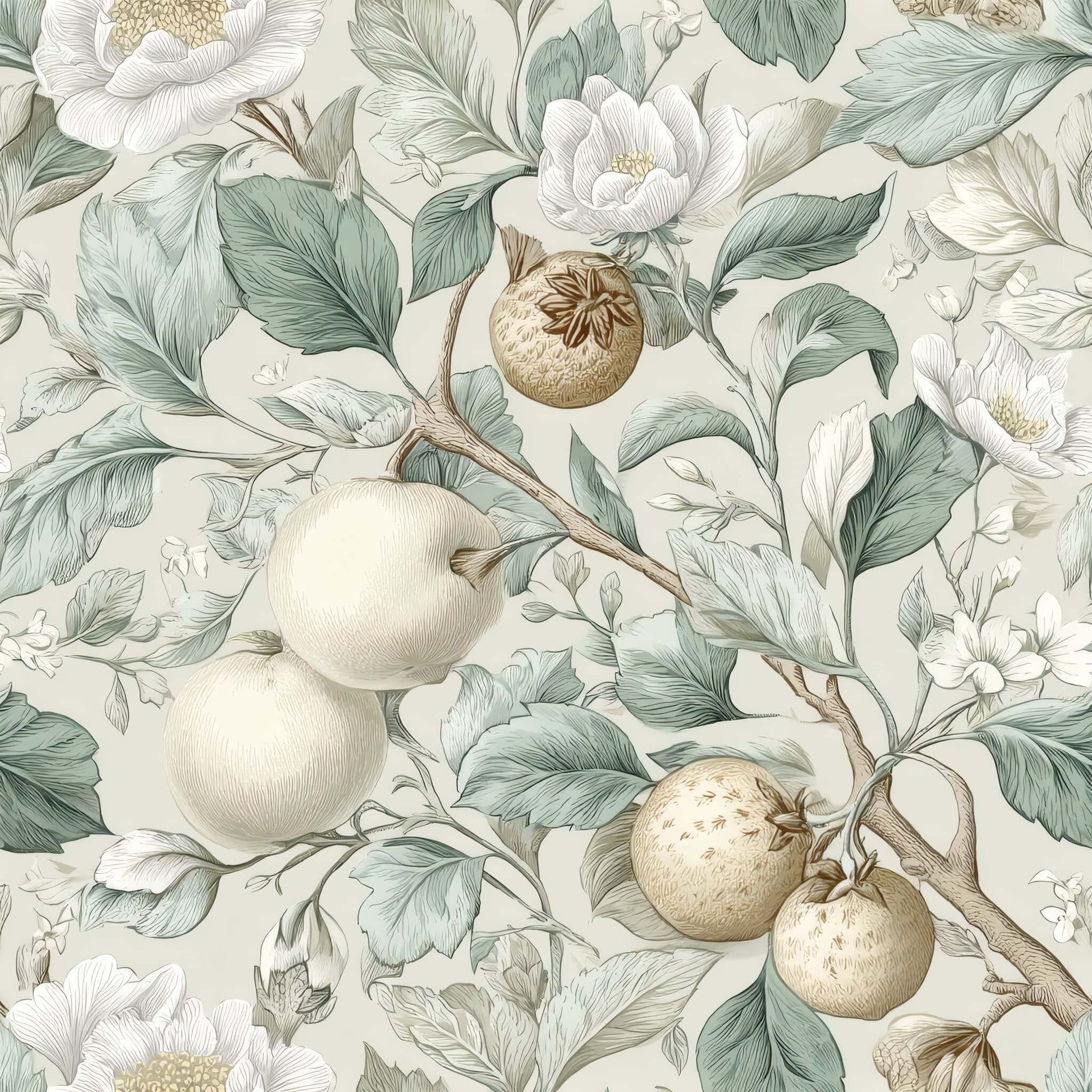 Intricate floral and fruit pattern with soft greens, whites, and beige on a cream background.