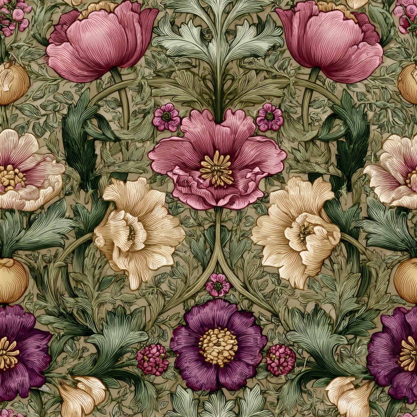 Intricate floral pattern wallpaper with pink, purple, and beige blossoms on a leafy background.