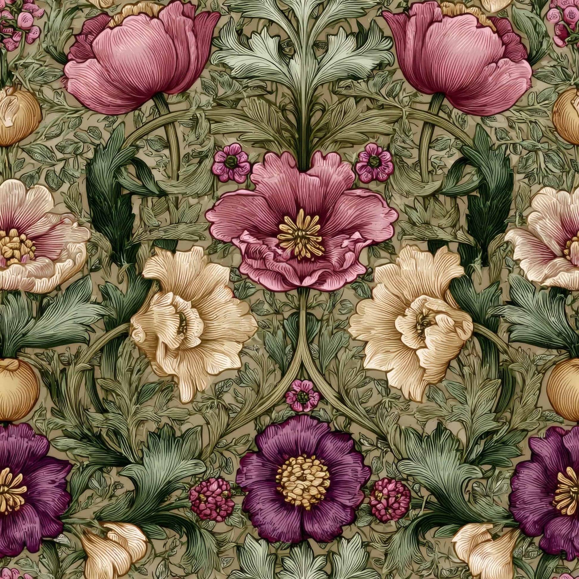 Intricate floral pattern wallpaper with pink, purple, and beige blossoms on a leafy background.