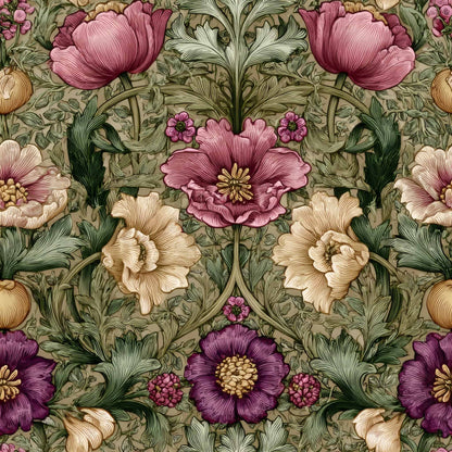 Intricate floral pattern wallpaper with pink, purple, and beige blossoms on a leafy background.