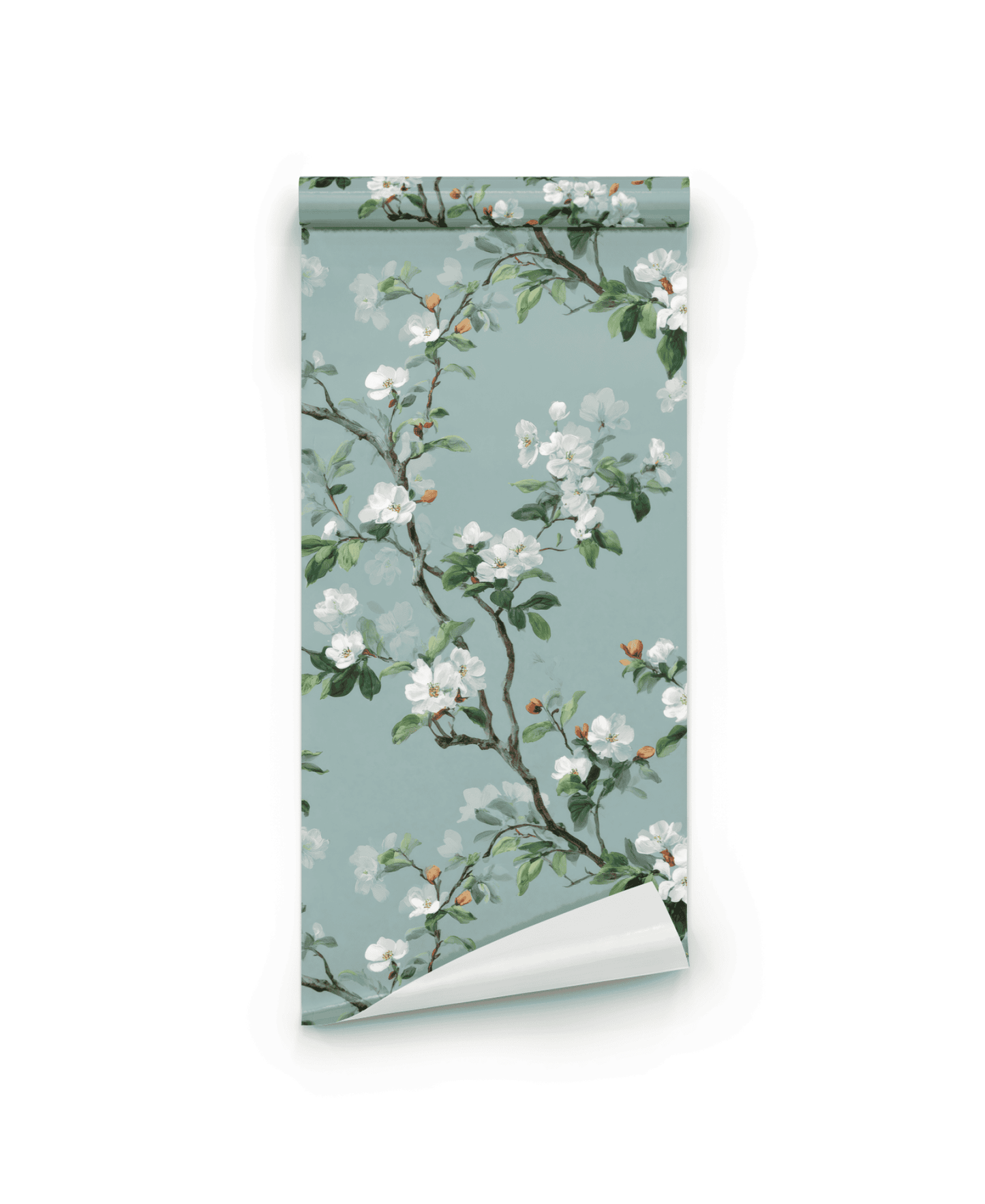 Blossom Serenity Wallpaper features a soft teal background with white blossoms and green branches—perfect for creating a tranquil ambiance.