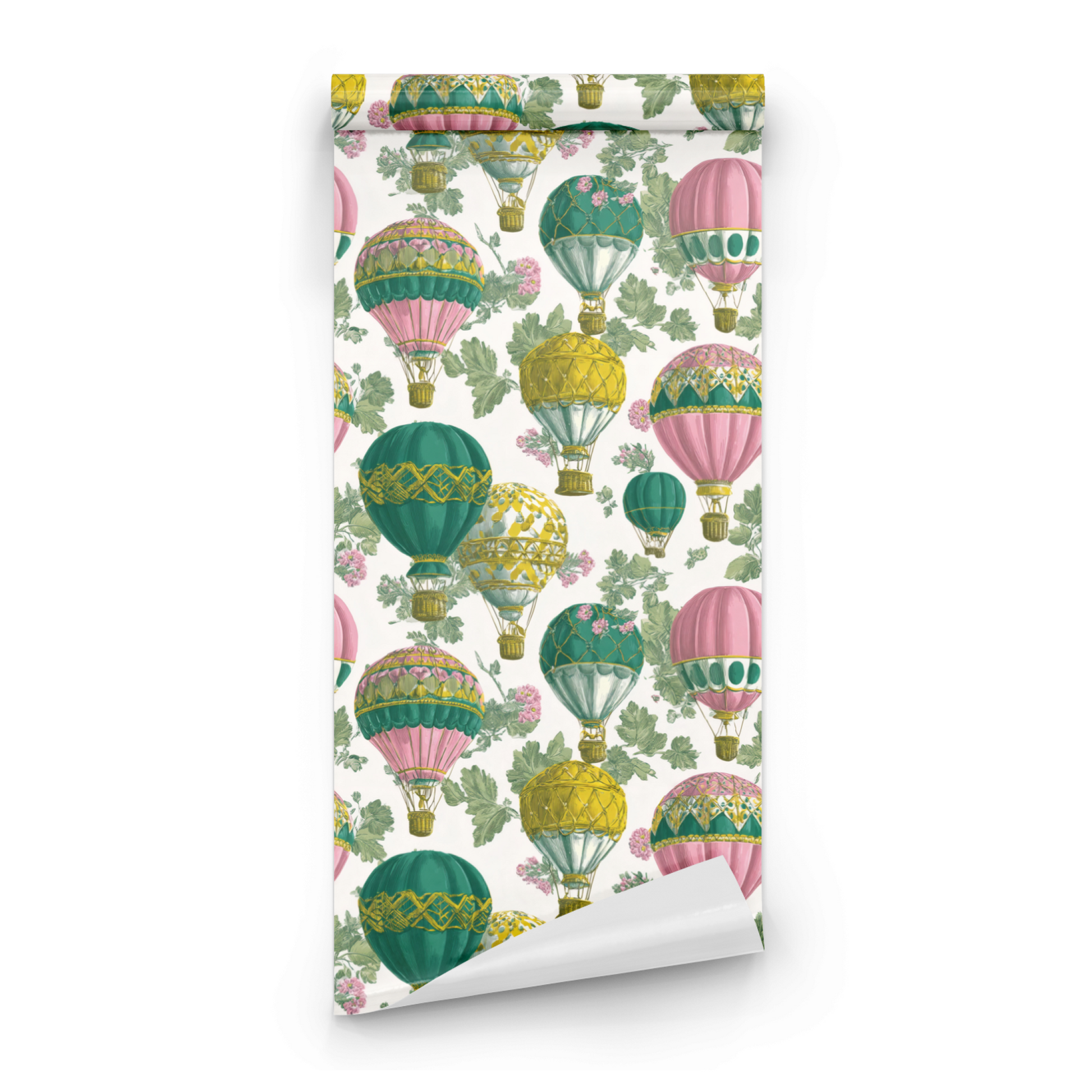 White Abstract Wallpaper roll close-up showing the balloon-and-cosmic motifs and the white abstract ground in fine drawing