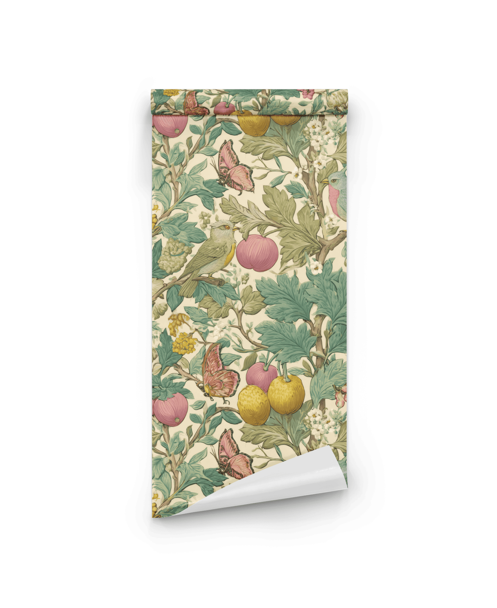 Eden Symphony Wallpaper features a botanical design with birds, butterflies, green leaves, and vibrant fruit on a light background.