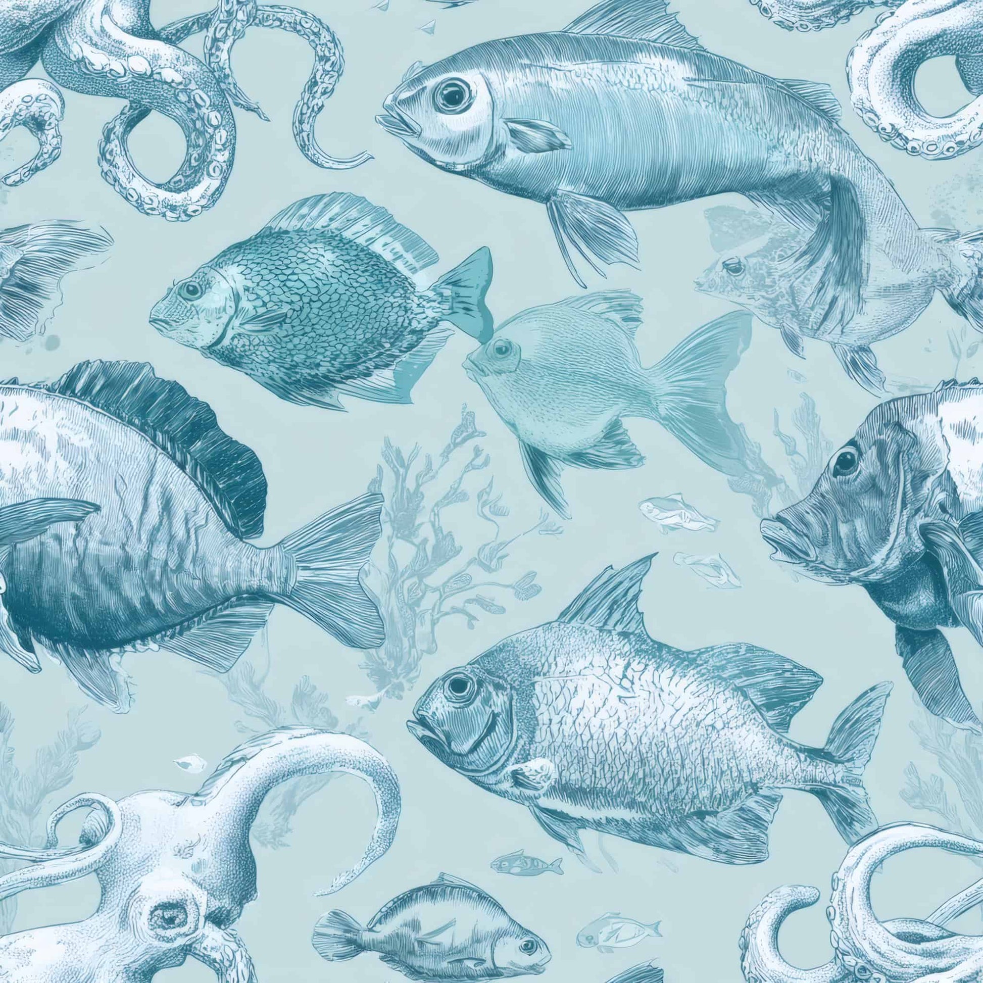 Wallpaper design with detailed sketches of fish and marine life in soft aqua tones.