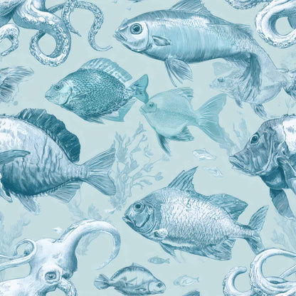 Wallpaper design with detailed sketches of fish and marine life in soft aqua tones.