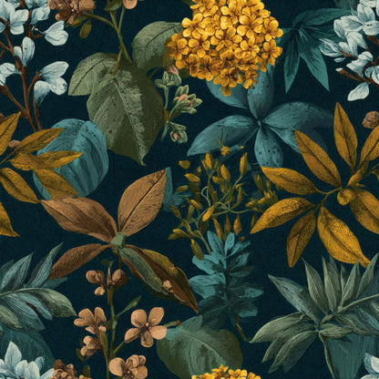 Botanical wallpaper with deep green leaves and rich gold flowers on a dark background.
