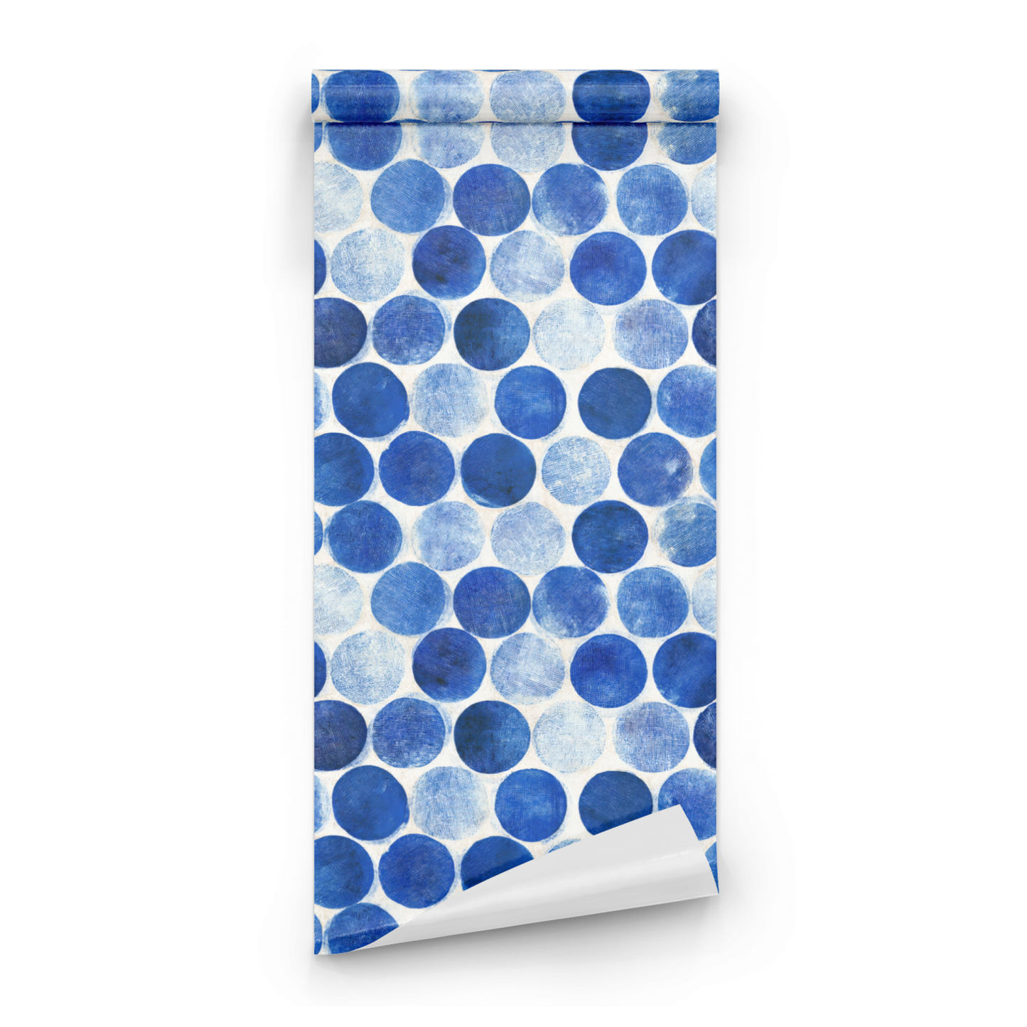 Blue Geometric Wallpaper roll preview showing the block-print polka dots and the deep azure blue ground in close detail
