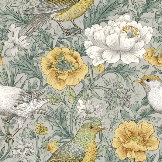Wallpaper with intricate bird and flower pattern in green, yellow, and white hues.