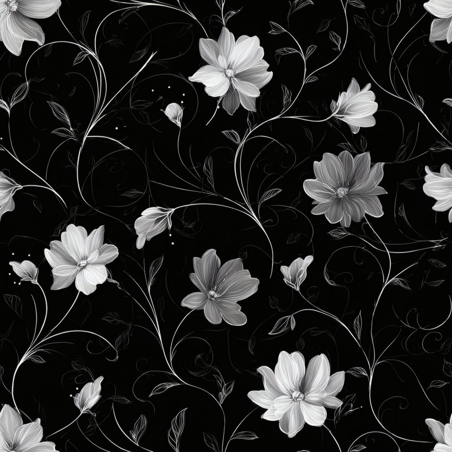 Black wallpaper with detailed white floral pattern, featuring swirling blossoms and leaves.