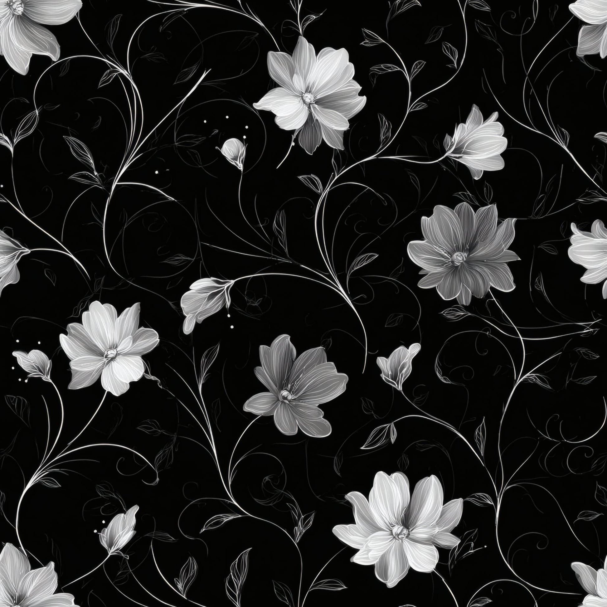 Black wallpaper with detailed white floral pattern, featuring swirling blossoms and leaves.