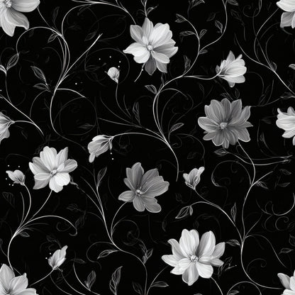 Black wallpaper with detailed white floral pattern, featuring swirling blossoms and leaves.