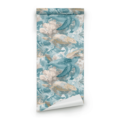 Teal Turtle | Green Animal Print Wallpaper | Sea Life - Roll Preview