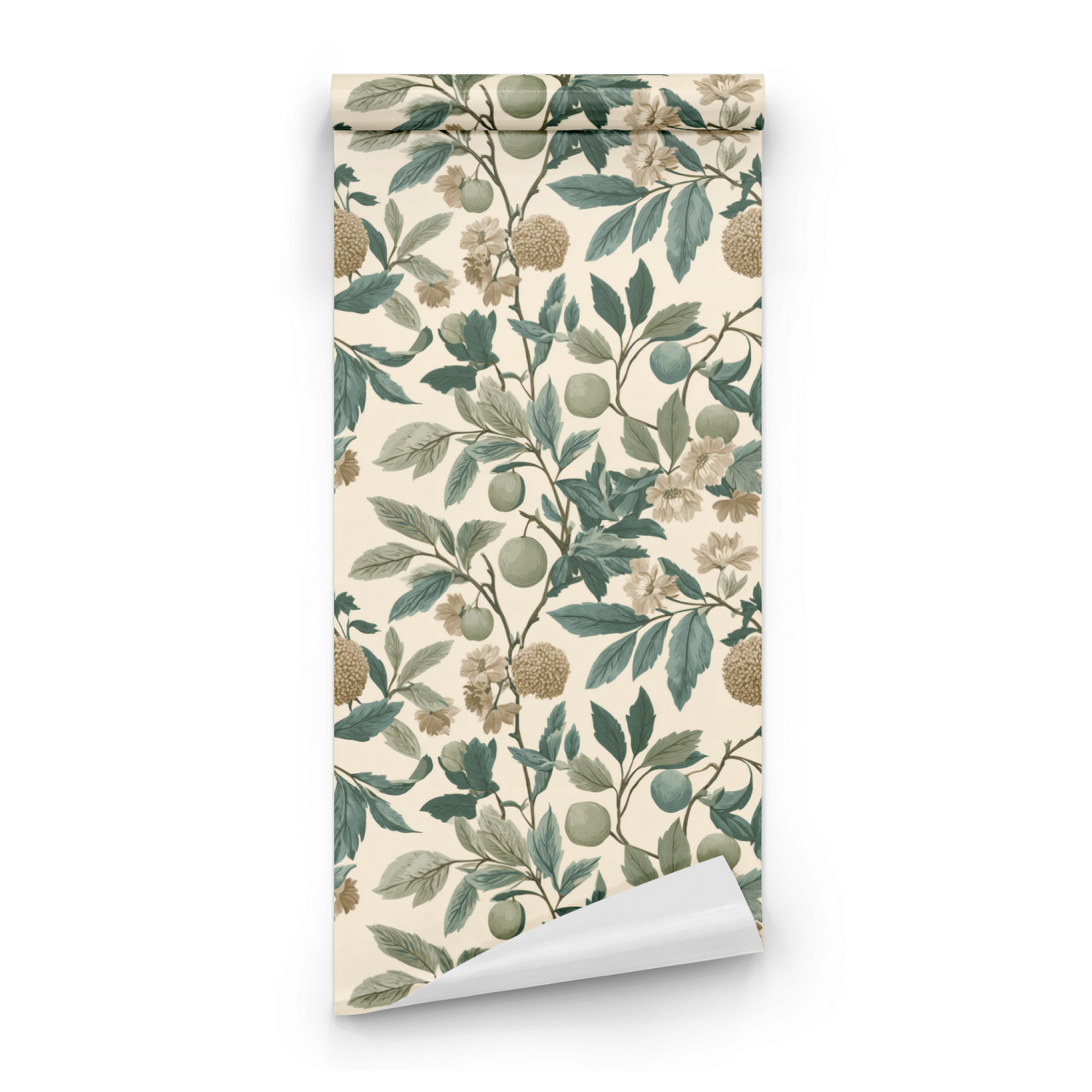 Cream Floral Wallpaper roll preview showing the apple branch drawing in close cream mossy detail