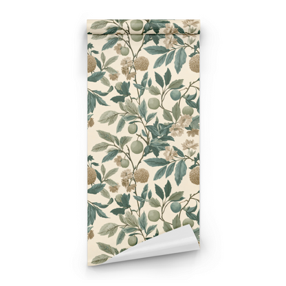 Cream Floral Wallpaper roll preview showing the apple branch drawing in close cream mossy detail