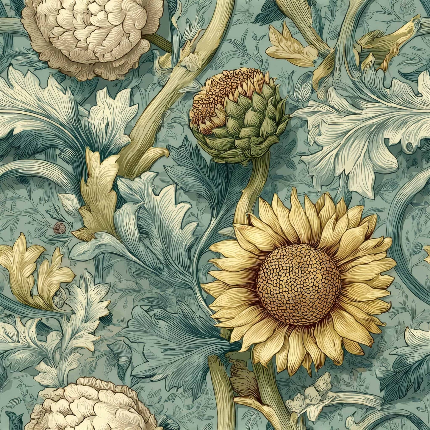 Floral wallpaper design with sunflowers, artichokes, and leaves in green and gold hues.