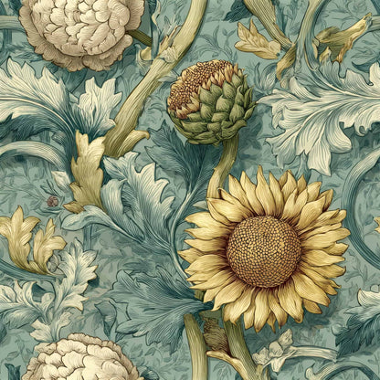 Floral wallpaper design with sunflowers, artichokes, and leaves in green and gold hues.