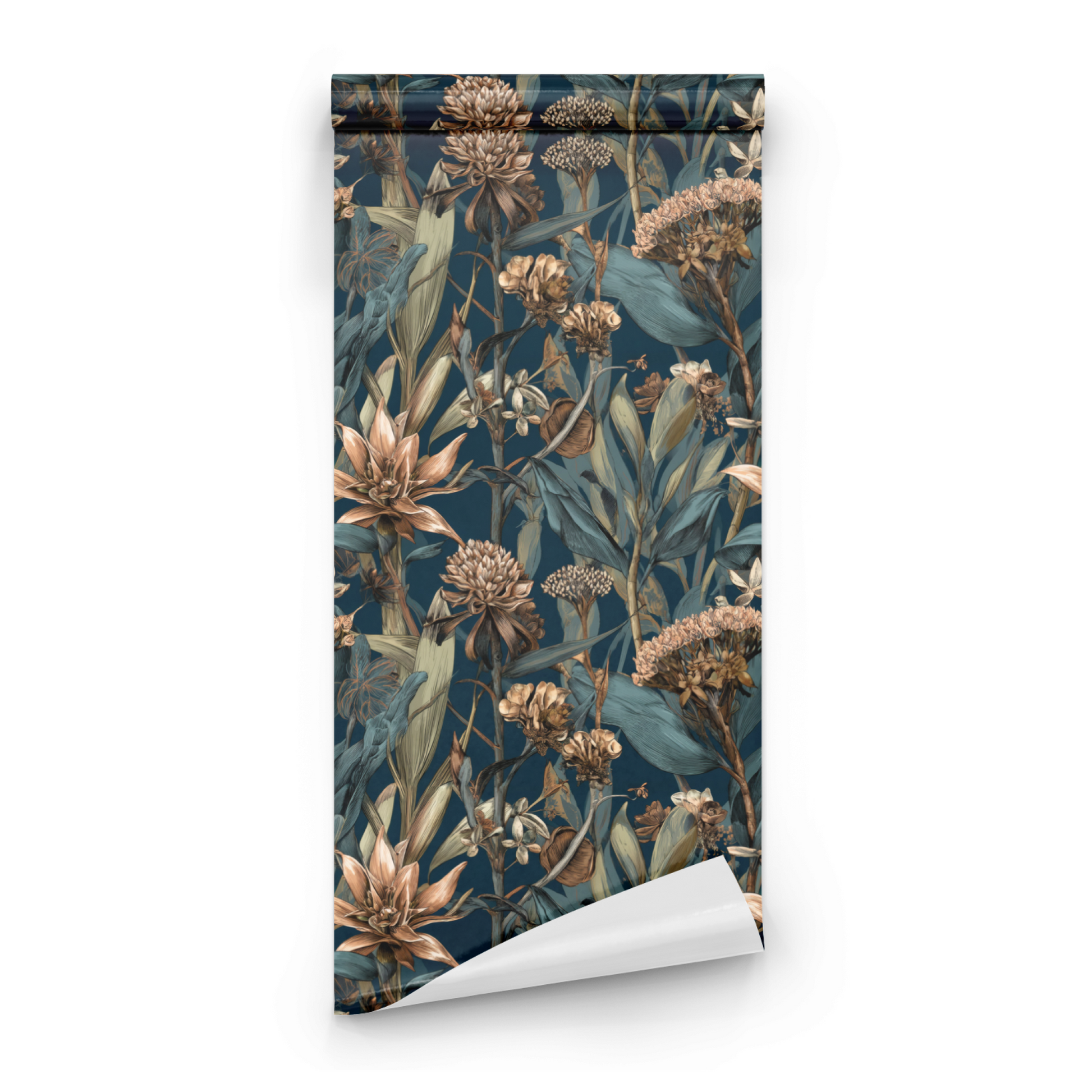 Bronze pattern roll close-up showing the botanical foliage detail in the Arts and Crafts blue and bronze palette