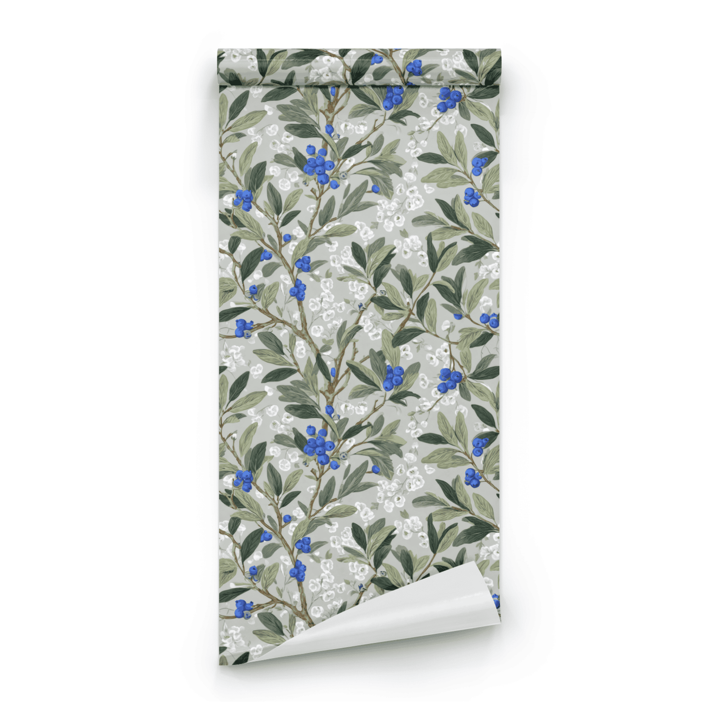 Grey Botanical Wallpaper roll preview showing the blueberry fruit and foliage drawing in moody grey dark botanical detail