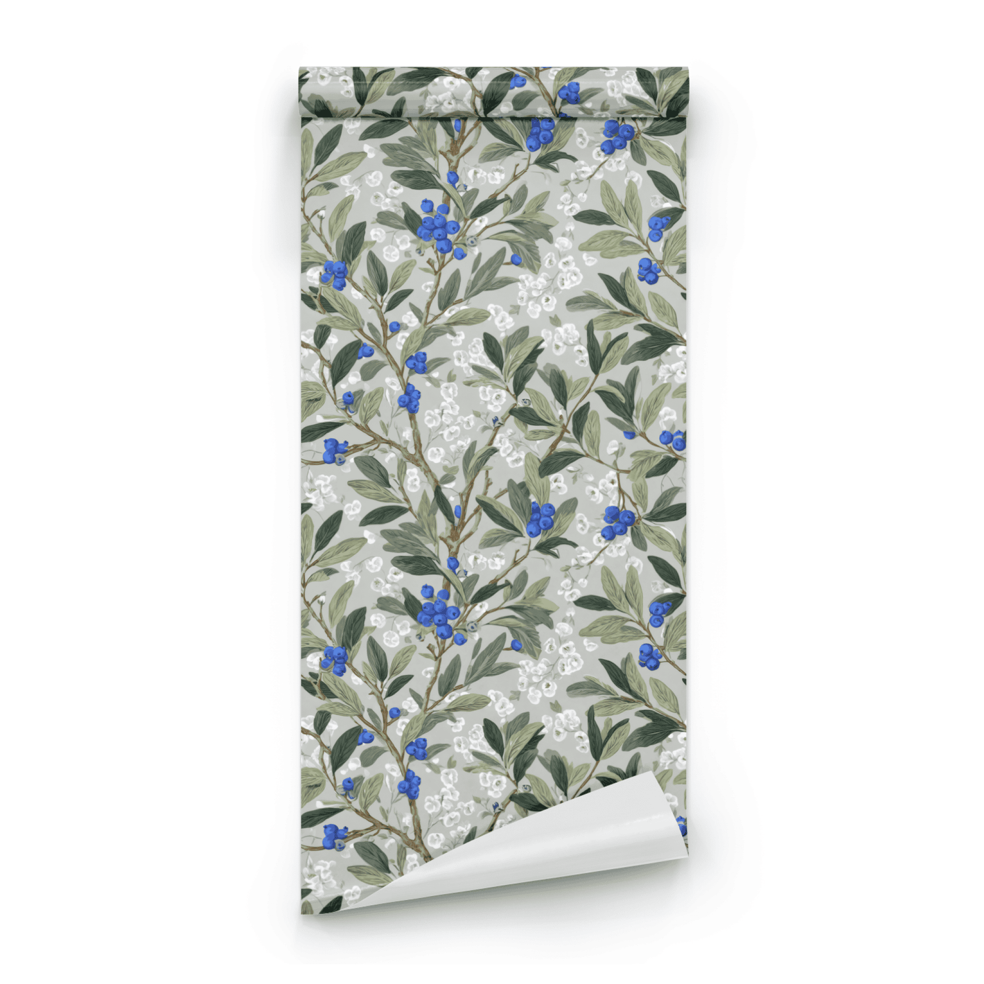 Grey Botanical Wallpaper roll preview showing the blueberry fruit and foliage drawing in moody grey dark botanical detail