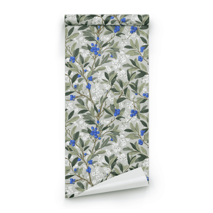 Grey Botanical Wallpaper roll preview showing the blueberry fruit and foliage drawing in moody grey dark botanical detail