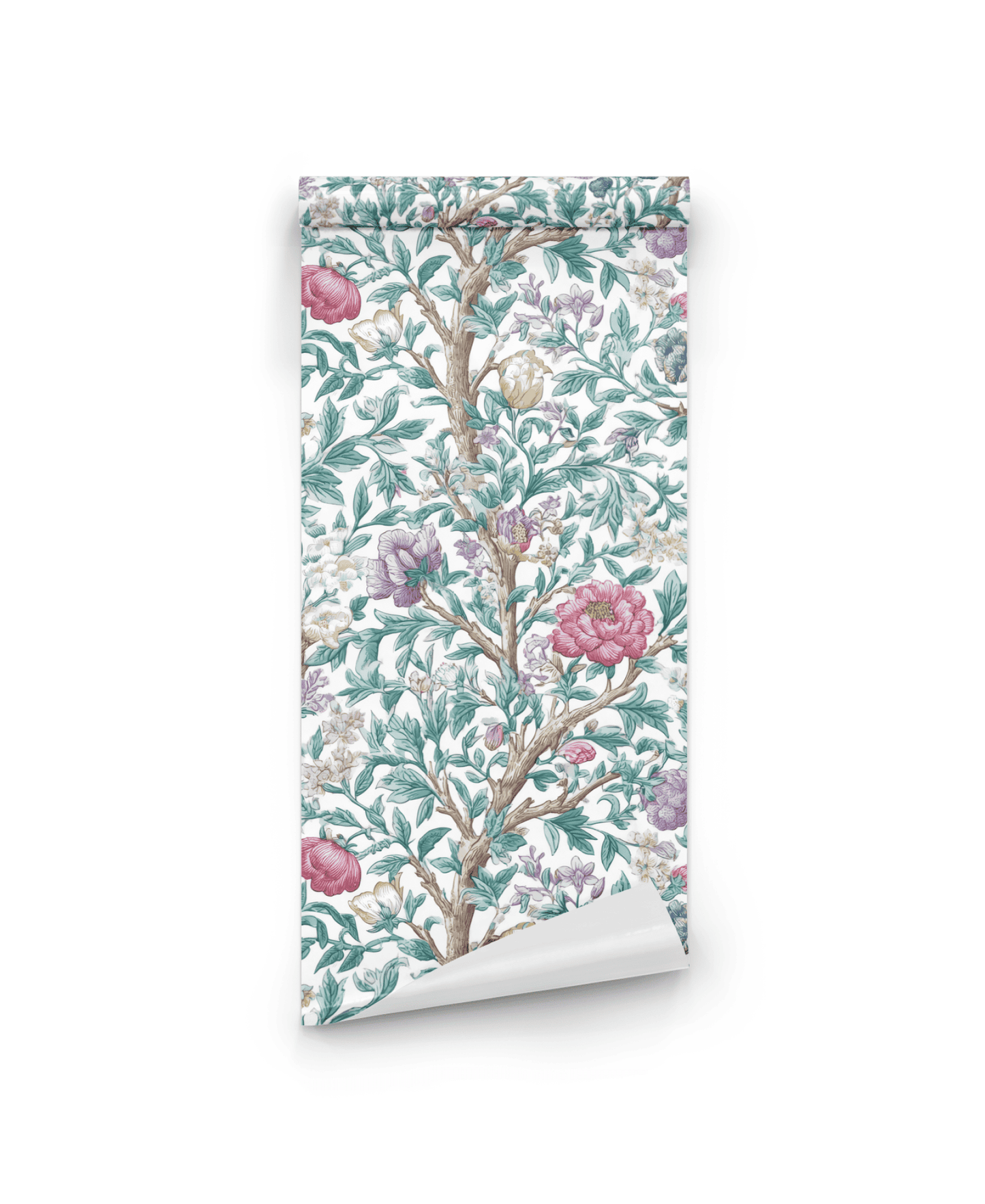 Eden Blossom Wallpaper displays a floral tapestry of intricate green, pink, and purple branches on a white background, bringing serene beauty to any space.
