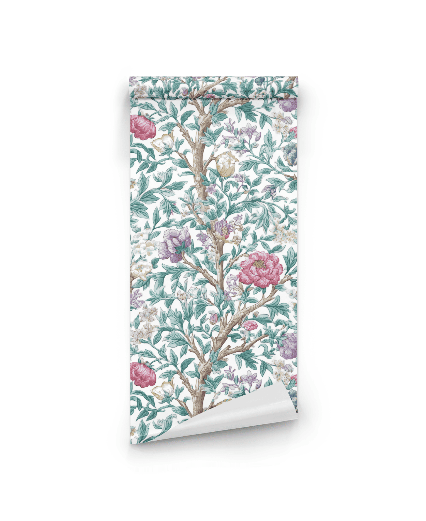 Eden Blossom Wallpaper displays a floral tapestry of intricate green, pink, and purple branches on a white background, bringing serene beauty to any space.