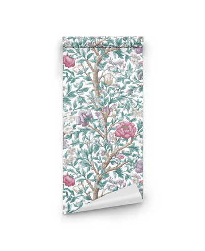 Eden Blossom Wallpaper displays a floral tapestry of intricate green, pink, and purple branches on a white background, bringing serene beauty to any space.