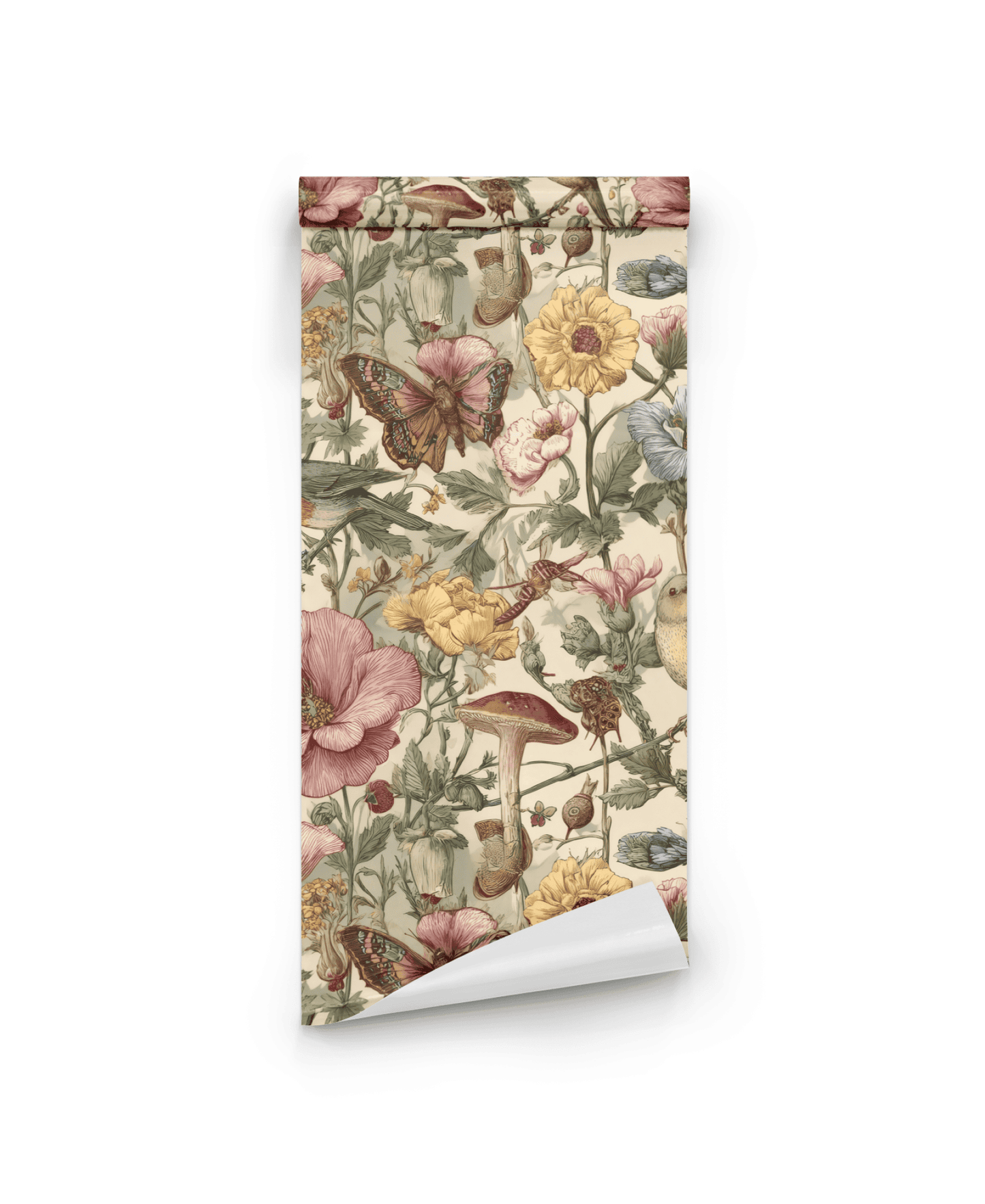 The Verdant Whimsy Wallpaper showcases delicate flowers and graceful butterflies, bringing a whimsical garden ambiance to any room.