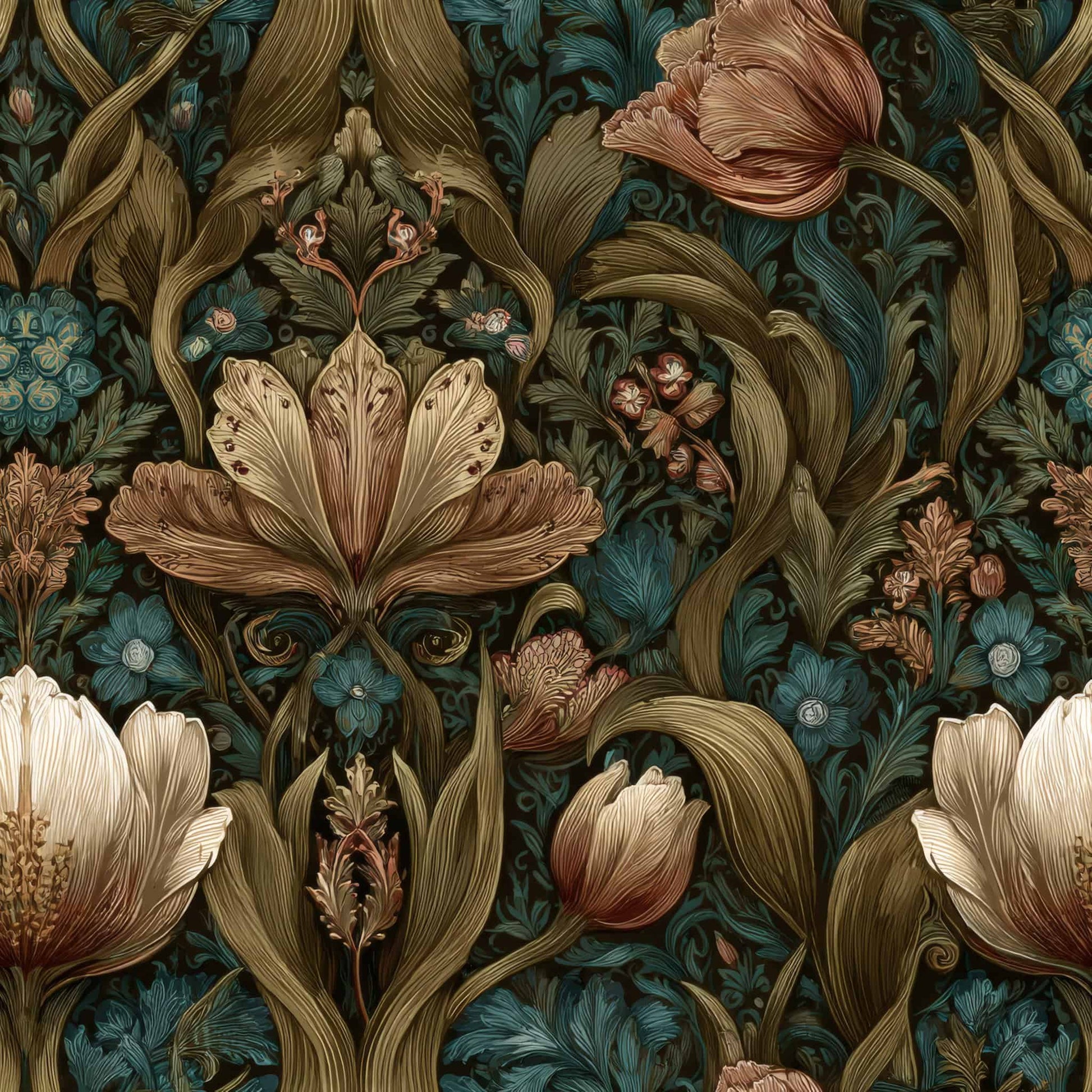 Wallpaper with intricate vintage floral pattern in earth tones and teal accents.