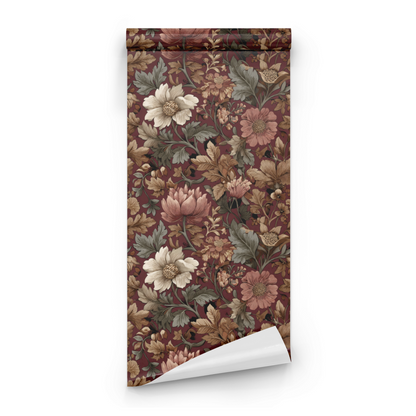 Red Floral Wallpaper roll close-up showing the muted blossom drawing in close red Arts and Crafts Victorian detail