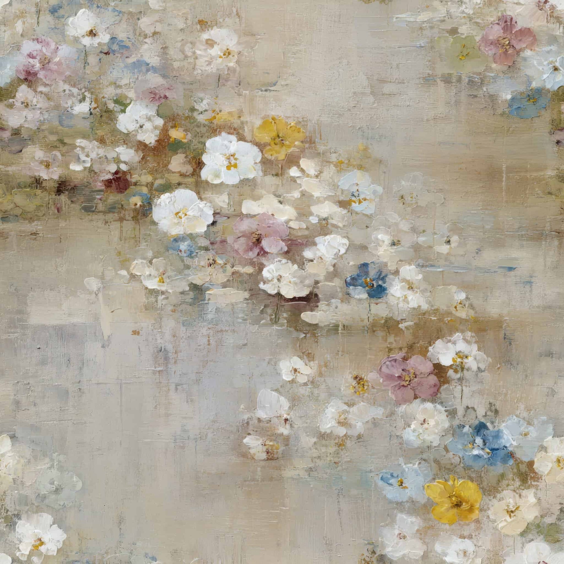 Painterly wallpaper with pastel florals in shades of white, pink, and blue.