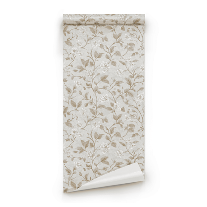 Grey Floral Wallpaper roll close-up showing the garden floral drawing with gilded detail on grey