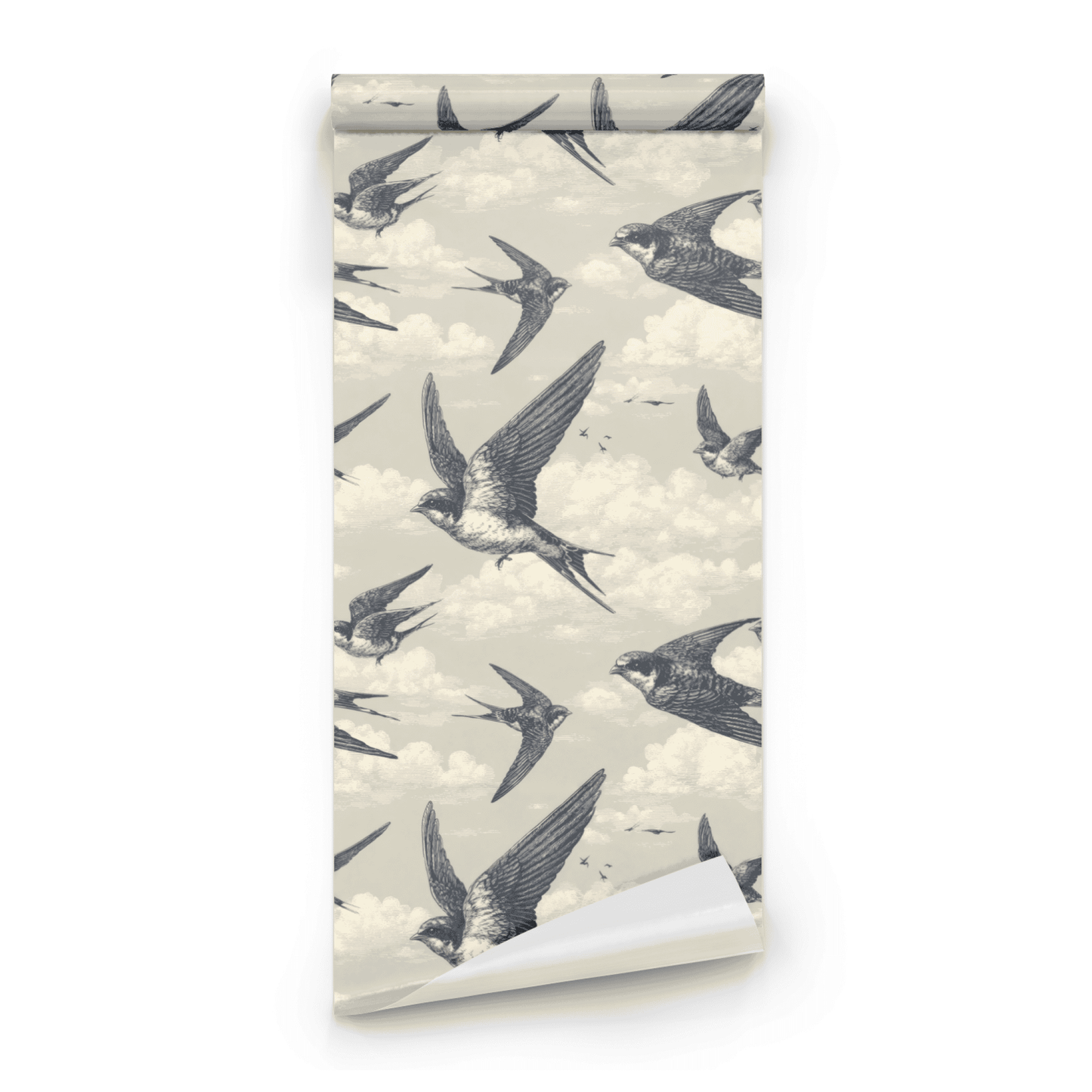 Grey Bird Pattern Wallpaper roll preview showing the scenic bird drawing on the ebony grey sky in close detail