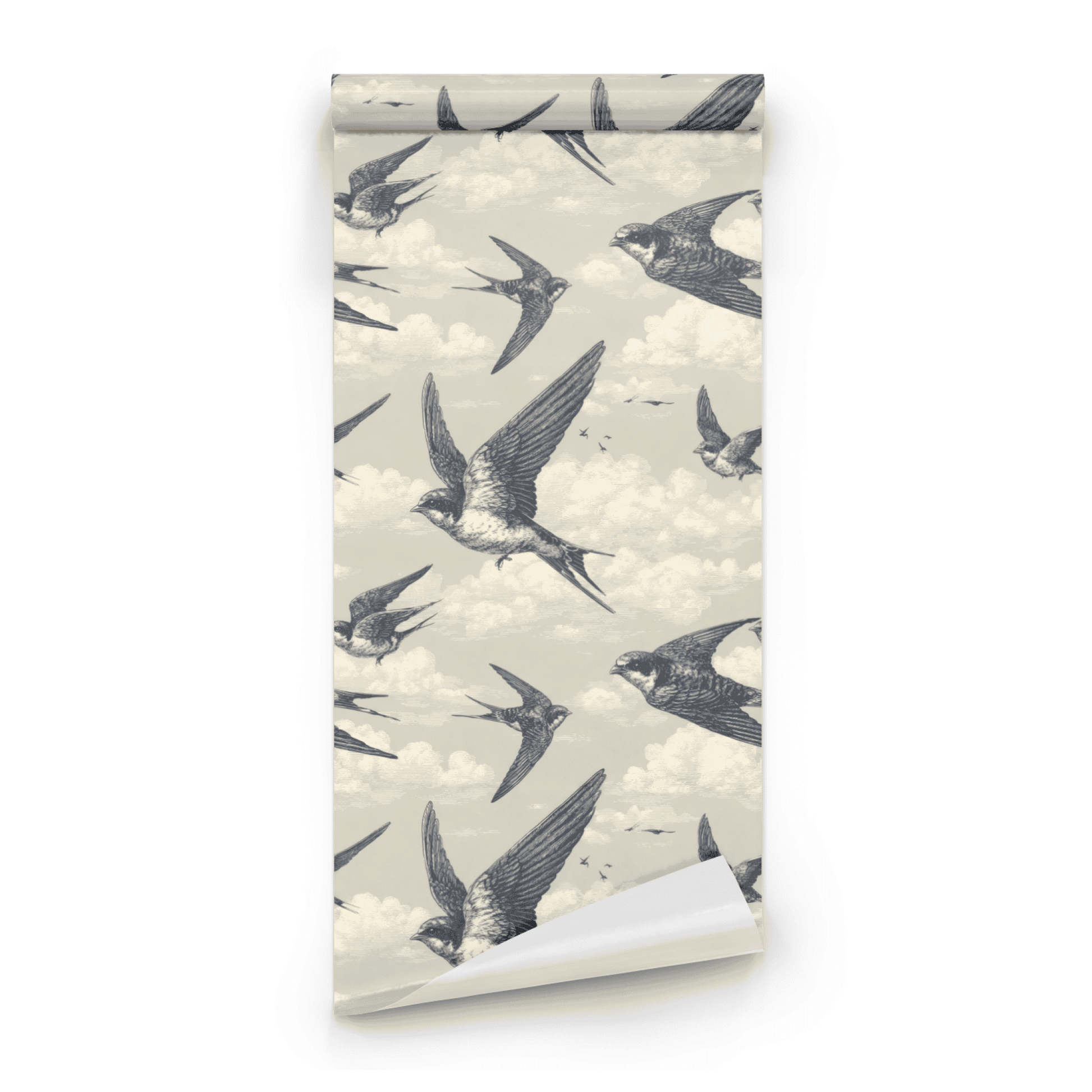 Grey Bird Pattern Wallpaper roll preview showing the scenic bird drawing on the ebony grey sky in close detail