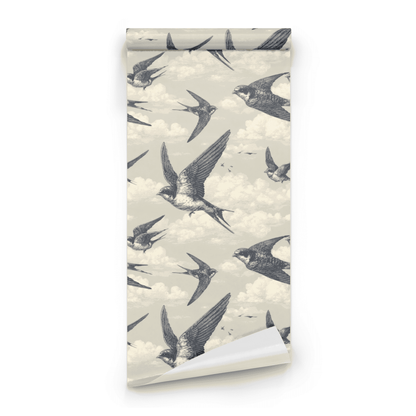 Grey Bird Pattern Wallpaper roll preview showing the scenic bird drawing on the ebony grey sky in close detail