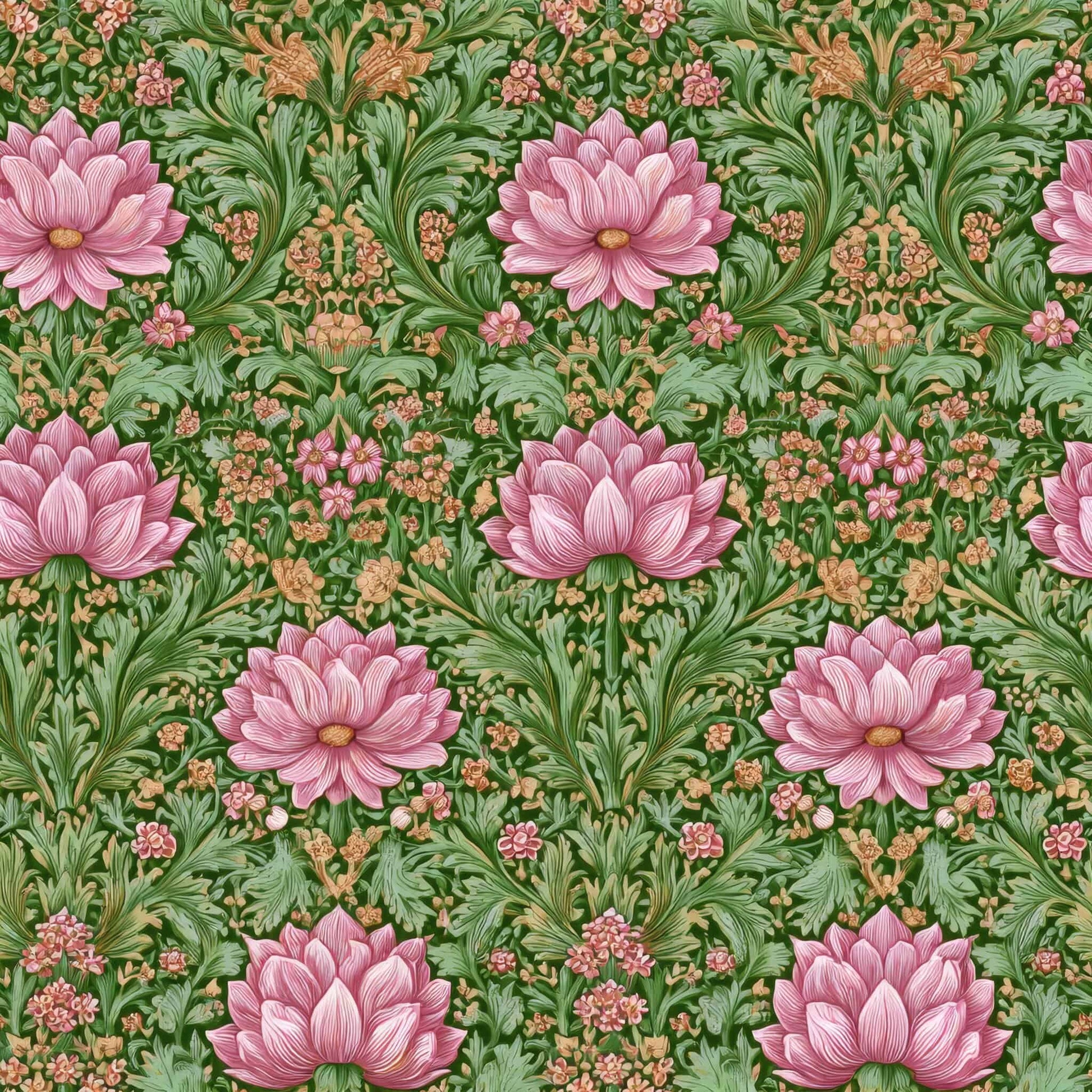 Floral wallpaper with pink flowers and green leaves in an intricate pattern.