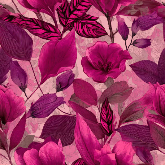 Wallpaper with vibrant crimson and pink floral patterns on a textured background.