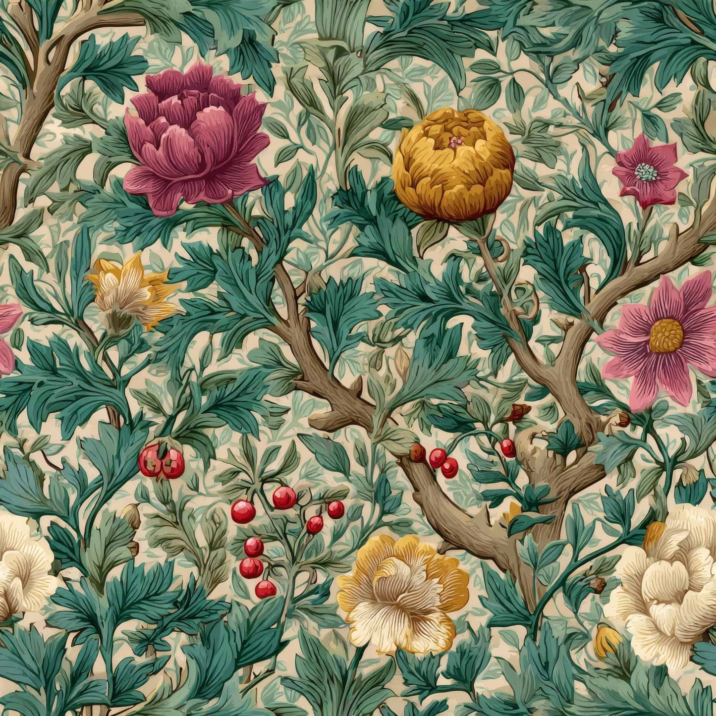 Floral wallpaper with lush green leaves, vibrant red berries, and colorful flowers on a light background.