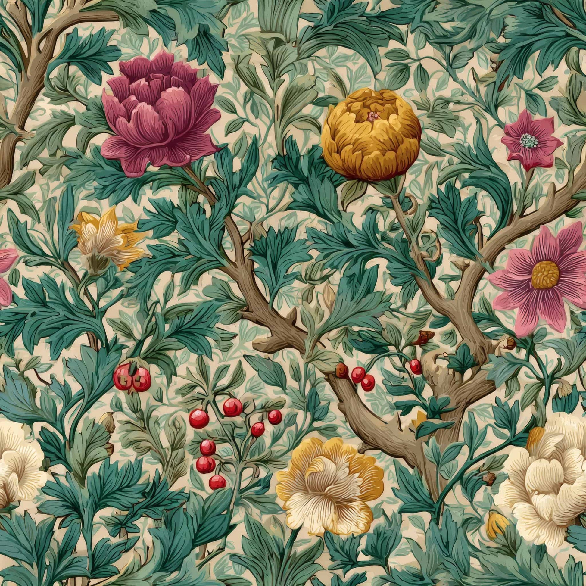Floral wallpaper with lush green leaves, vibrant red berries, and colorful flowers on a light background.