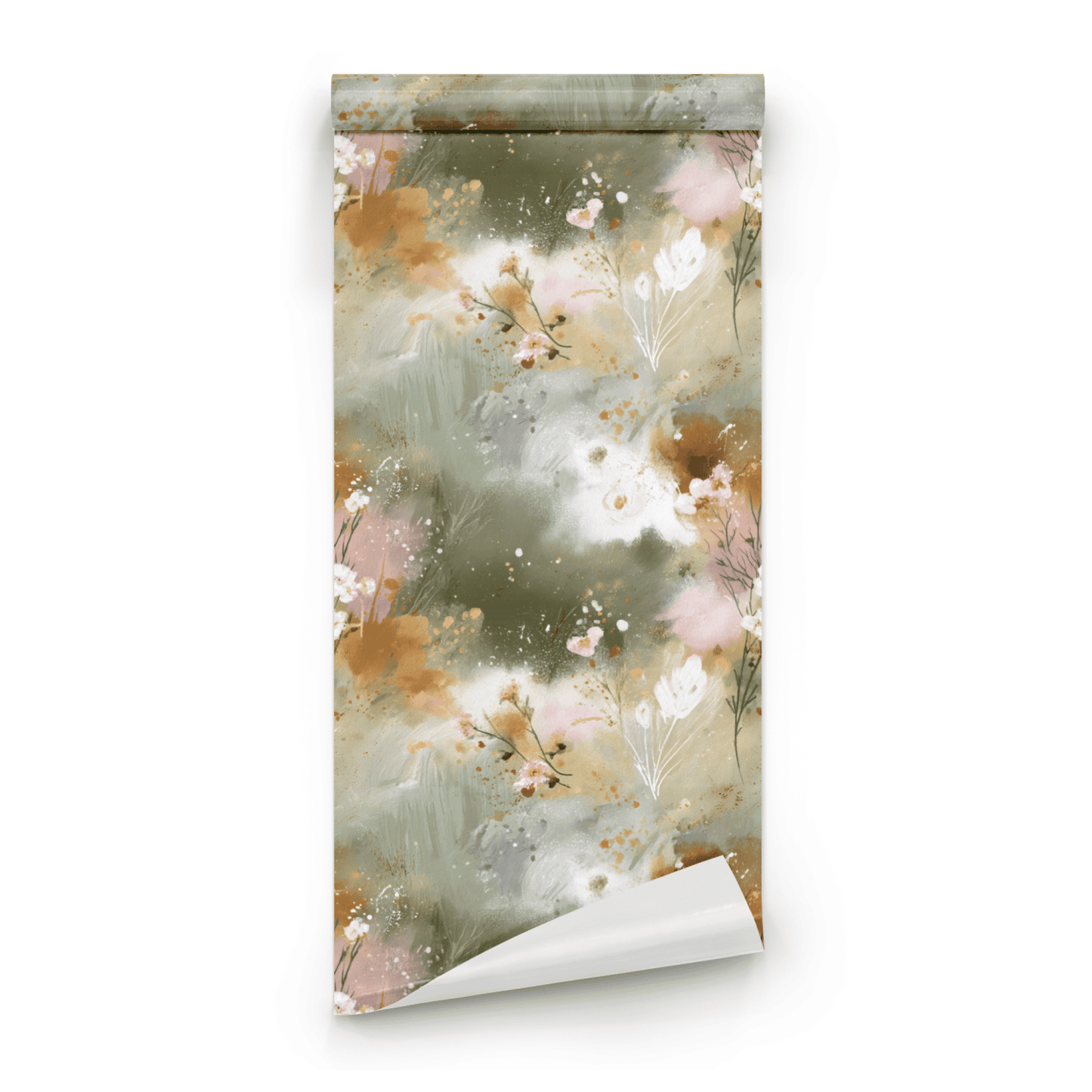 Green Floral Wallpaper roll close-up showing the watercolor bloom drawing in close mossy green detail