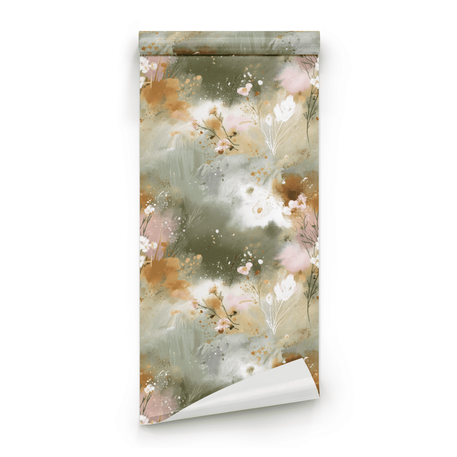 Green Floral Wallpaper roll close-up showing the watercolor bloom drawing in close mossy green detail