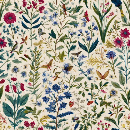 Colorful floral and insect pattern on a light background, featuring vivid reds, blues, and greens.