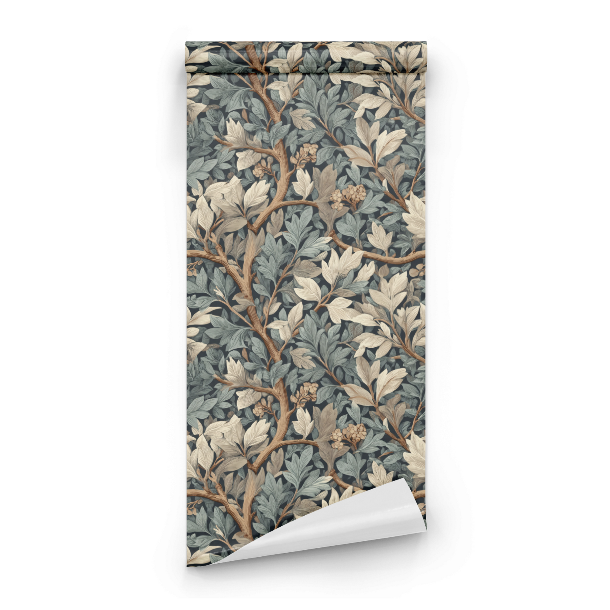 Green Botanical Wallpaper roll preview showing the verdure foliage drawing in close deep moody green detail